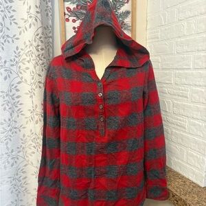 Women’s small red and grey plaid hooded shirt